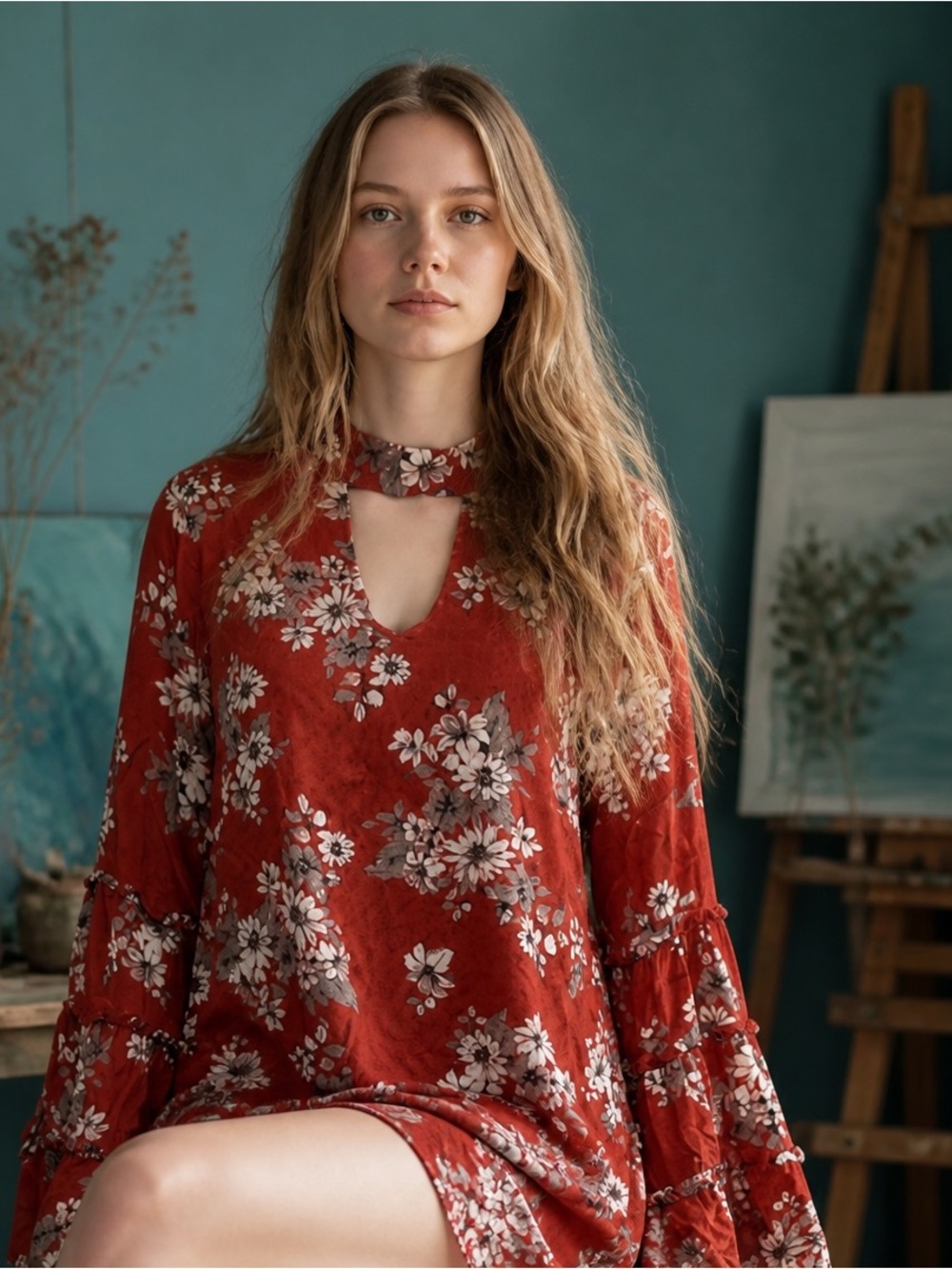 Gilli Rust Red Floral Long Bell Sleeve Keyhole Neck Dress Size L